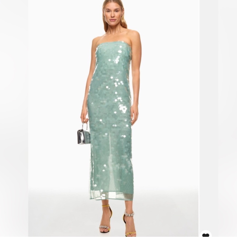 STAUD Casey Strapless Sequin Midi Dress in Mist Aqua Size 8 - Picture 3 of 17